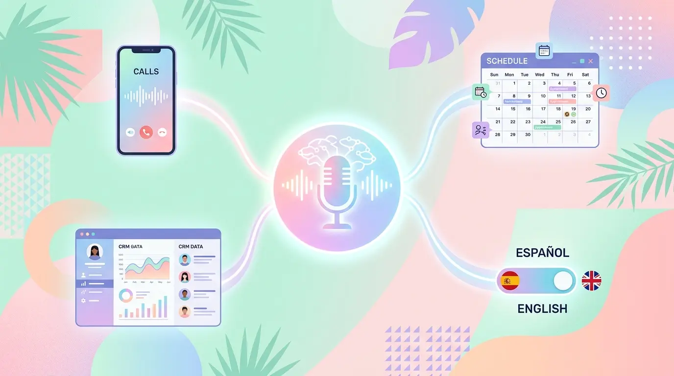 Voice agent icon connected by light trails to a phone, calendar, CRM, and Spanish/English language toggle