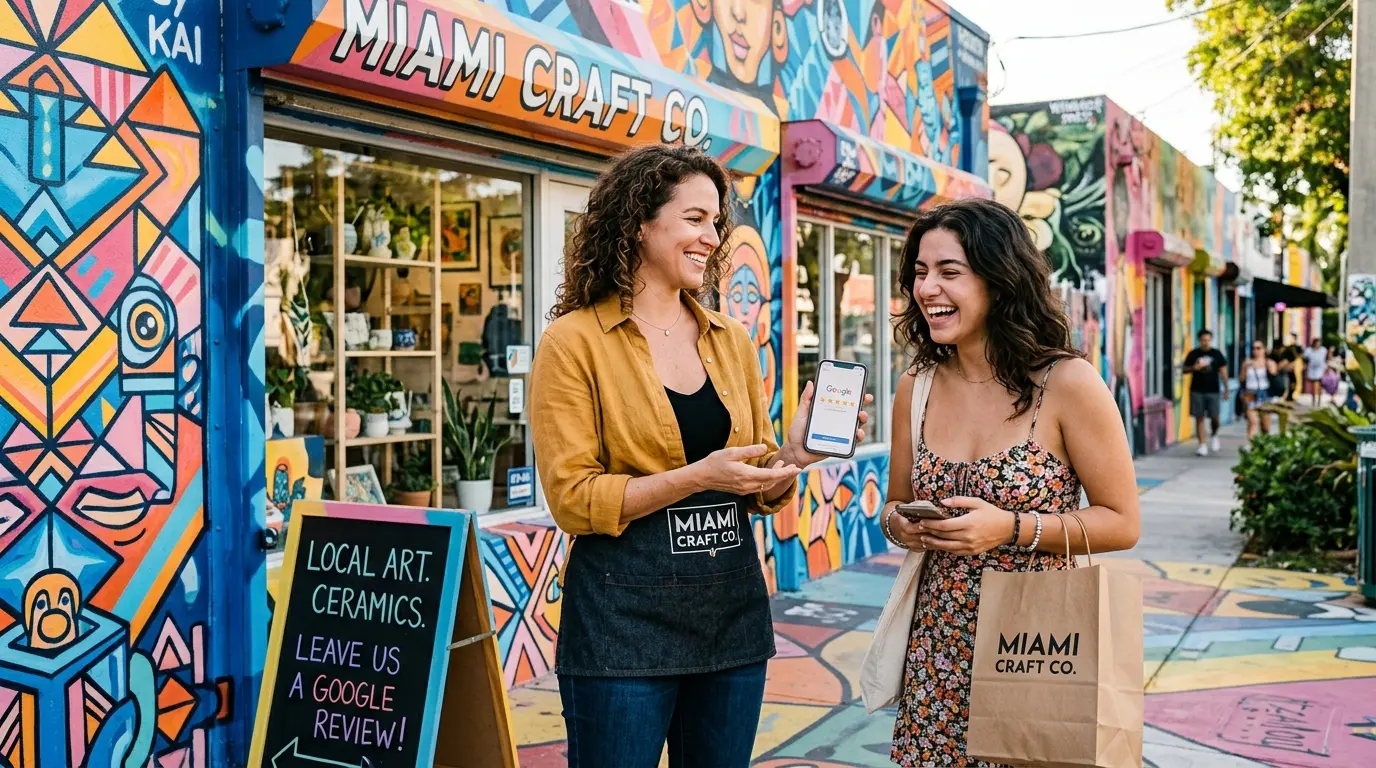 Small business owner asking a customer for a Google review outside a Wynwood storefront