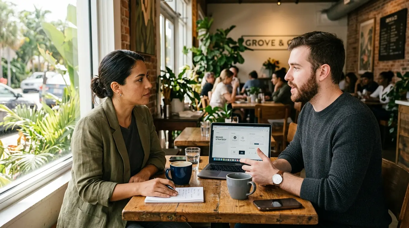 Small business owner and a web designer in a serious conversation across a laptop at a Coconut Grove cafe