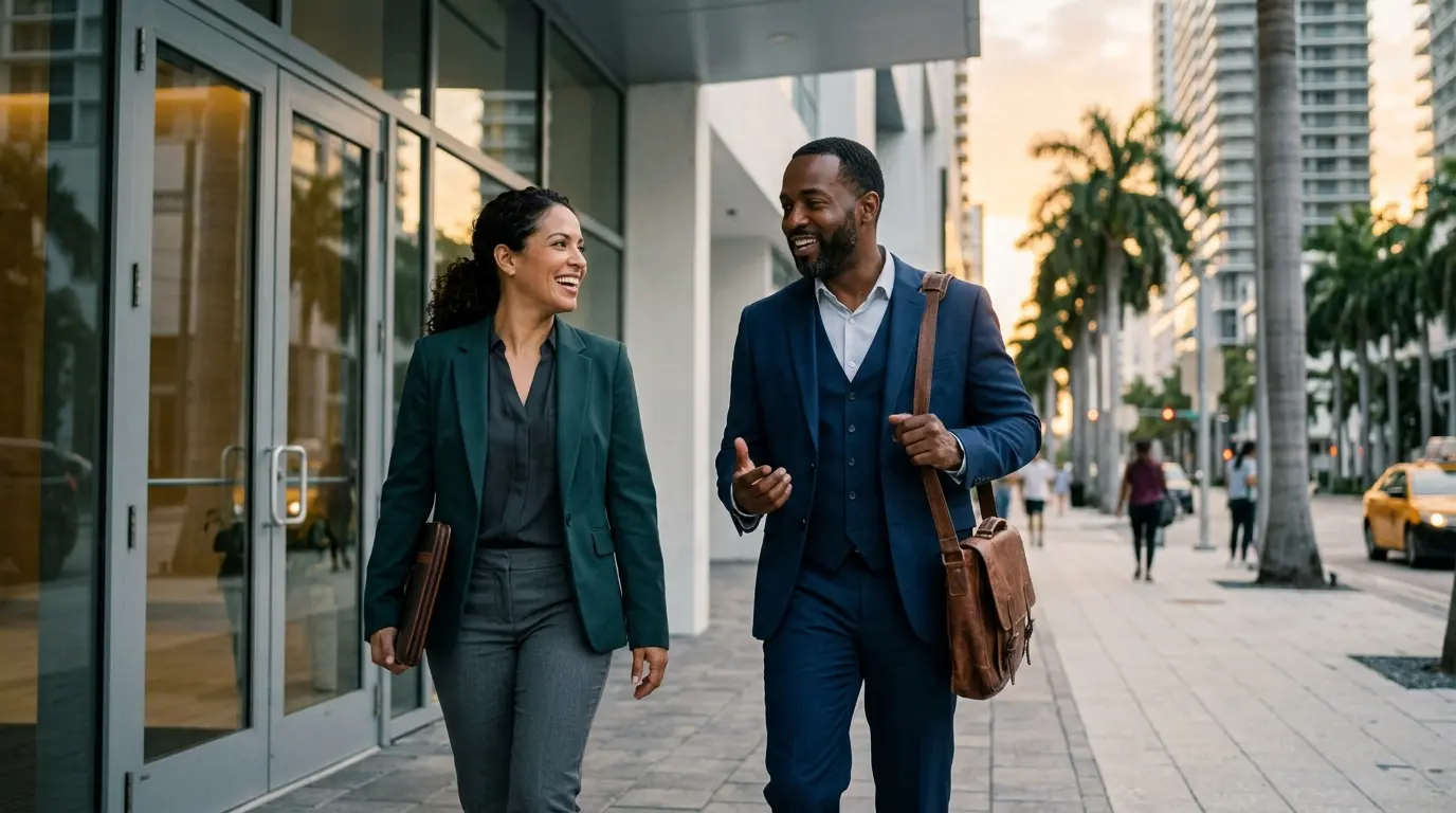 Two Miami business owners walking out of a Brickell office building after a confident agency meeting in golden light
