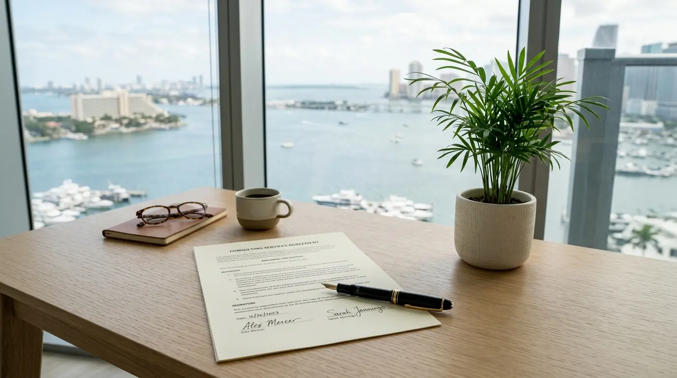 Web design contract on a clean desk with a fountain pen and a small palm by a window with a Miami bay view