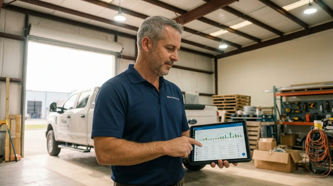 Miami contractor reviews a phone call dashboard on a tablet inside a Doral warehouse with a work truck behind