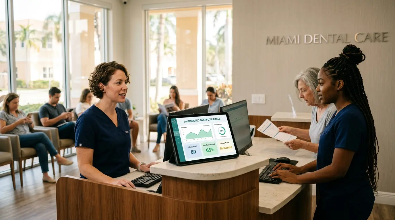 Miami dental practice reception during a morning rush with a tablet showing a dashboard of AI-handled overflow calls