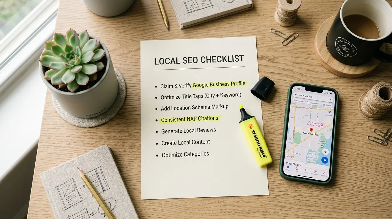 Local SEO checklist on a desk beside a phone showing Google Maps zoomed on Coral Gables