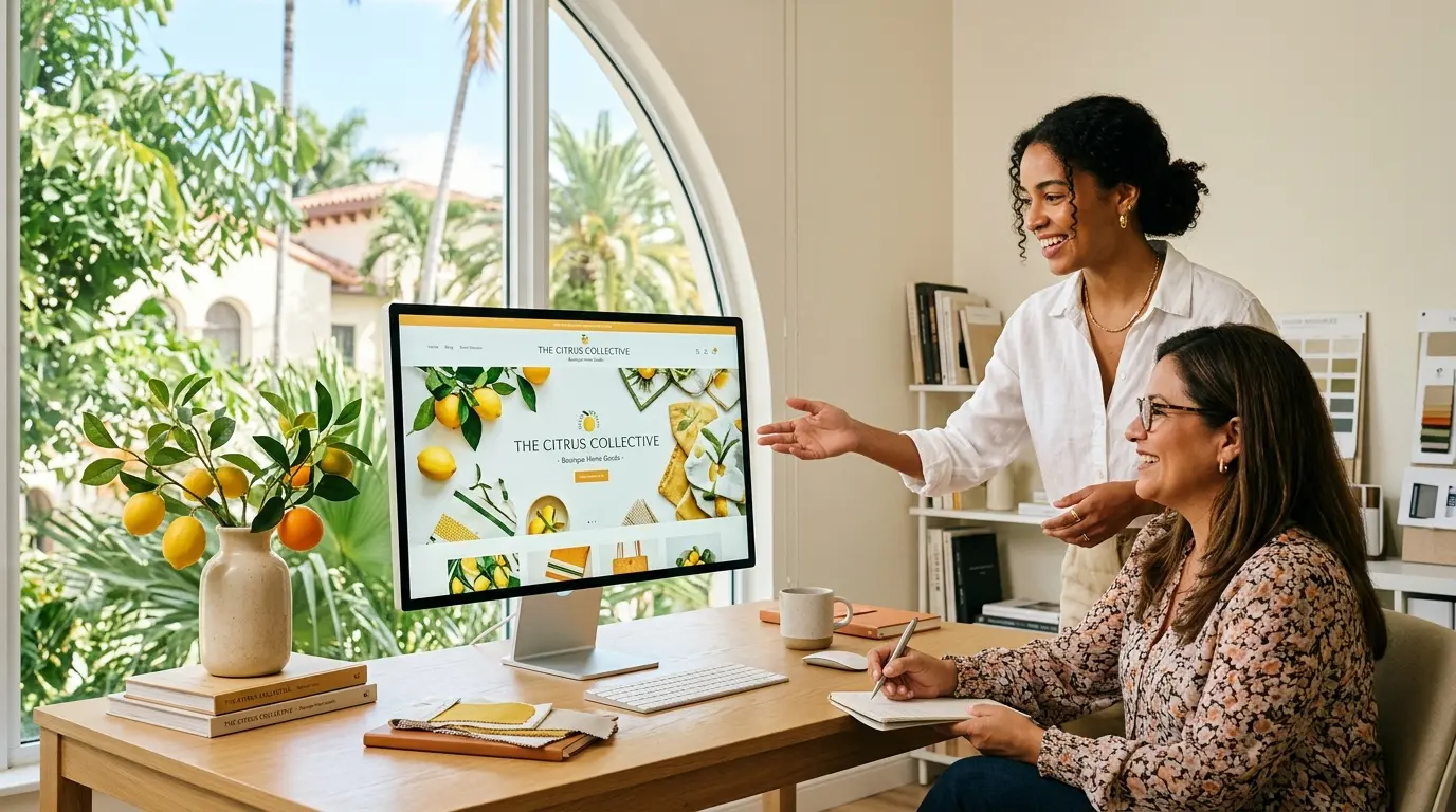 Miami designer presenting a website mock-up on a large monitor to a small business owner in a Coral Gables office