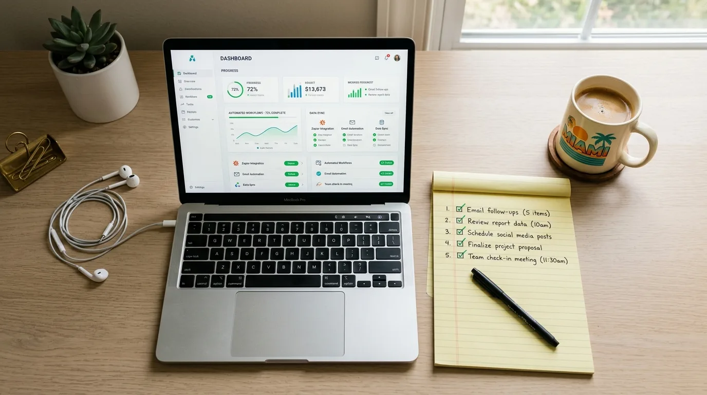Clean desk with a laptop showing an automation dashboard and a legal pad listing five completed tasks in green check marks.