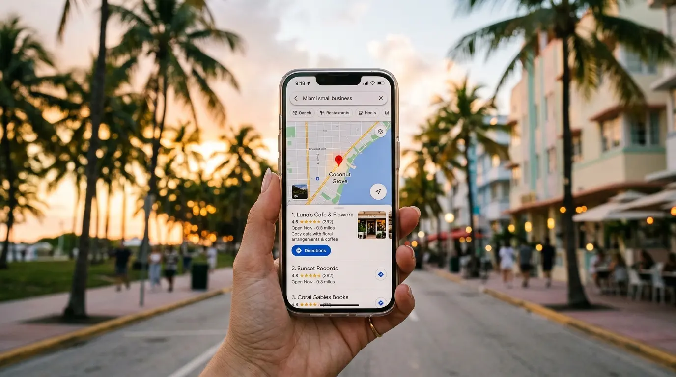 Hand holding a smartphone showing a Miami small business in the Google Maps 3-pack on a palm-lined street