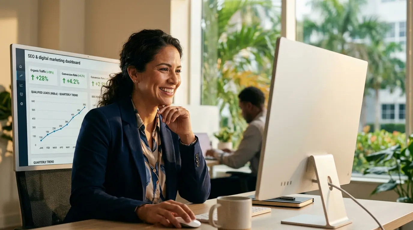 Miami marketing manager smiles at a clean SEO dashboard showing a steady upward trend in qualified leads