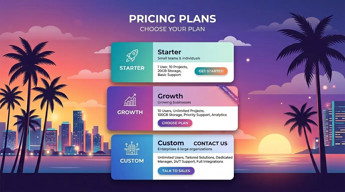 Three website pricing tier cards (Starter, Growth, Custom) stacked against a Miami sunset gradient