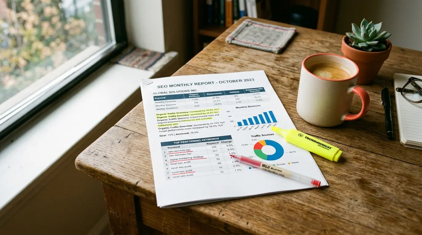 SEO monthly report on a desk with rows underlined in red highlighter beside a coffee