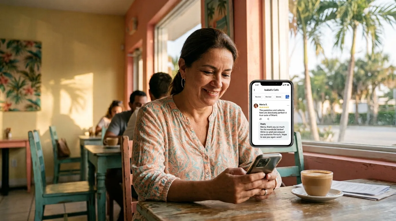 Miami small business owner reading a personalized customer review reply on a smartphone in soft afternoon light.
