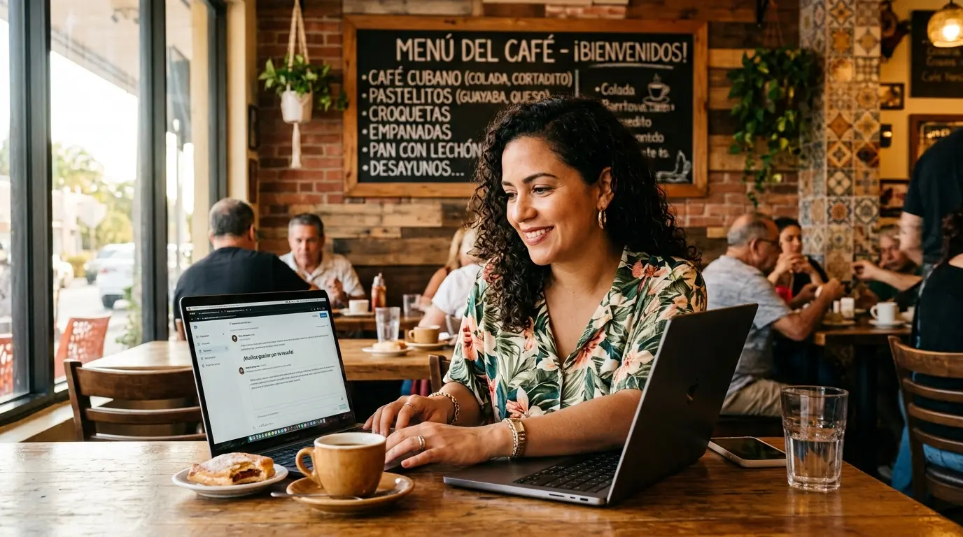 Miami business owner replies to customer reviews on a laptop at a Little Havana cafe