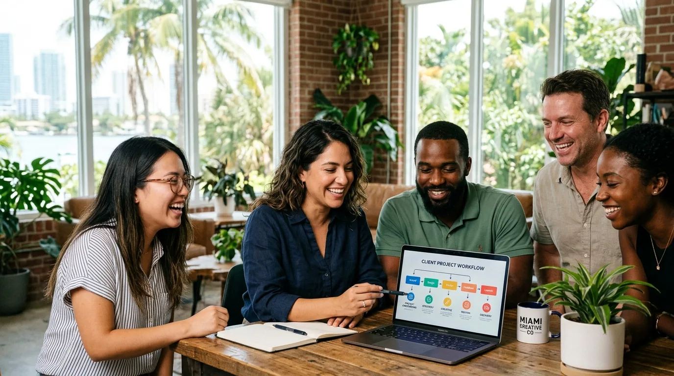 Miami small business team gathered around a laptop reviewing a clean workflow diagram by a window with palms outside
