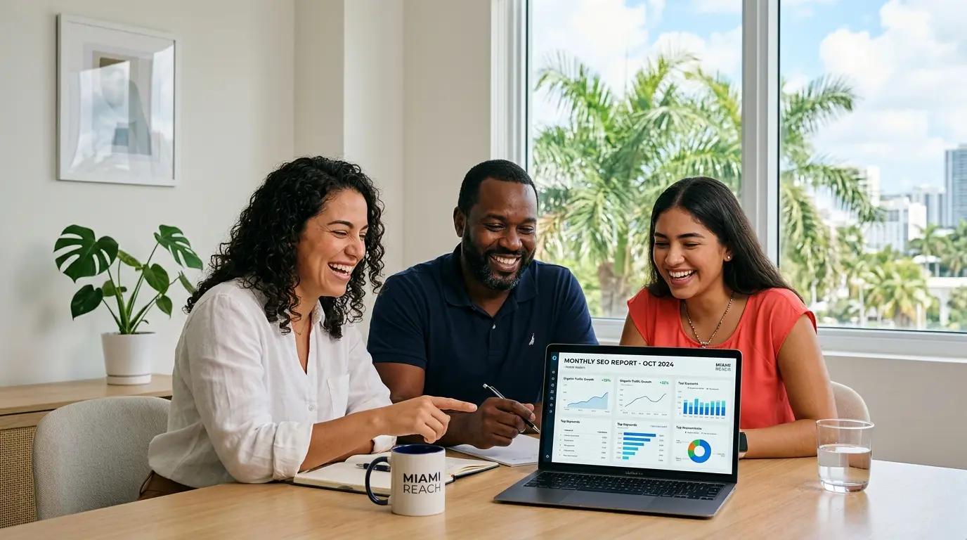 Miami small business team reviews a monthly SEO report on a laptop near a window with palms outside