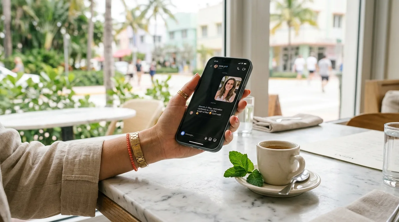 Smartphone showing a restaurant DM reservation chat above a marble cafe table with espresso
