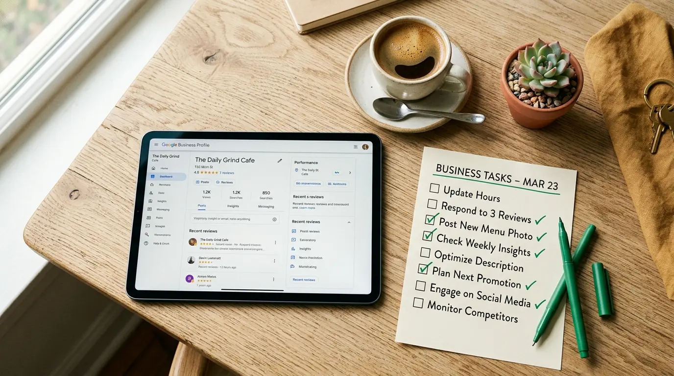 Tablet showing a Google Business Profile dashboard beside a checklist with green check marks and a Cuban coffee