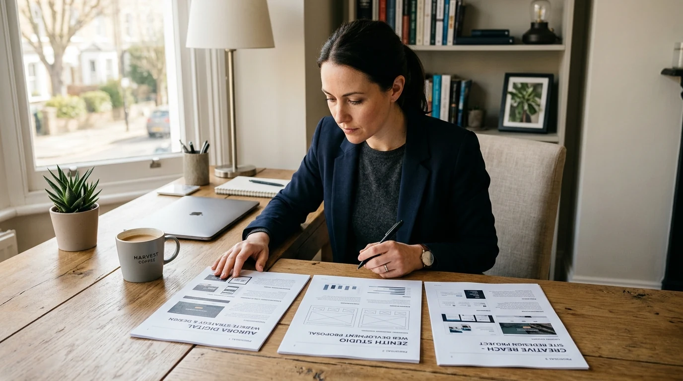 Business owner reviewing three printed web design proposals side by side on a sunlit desk.