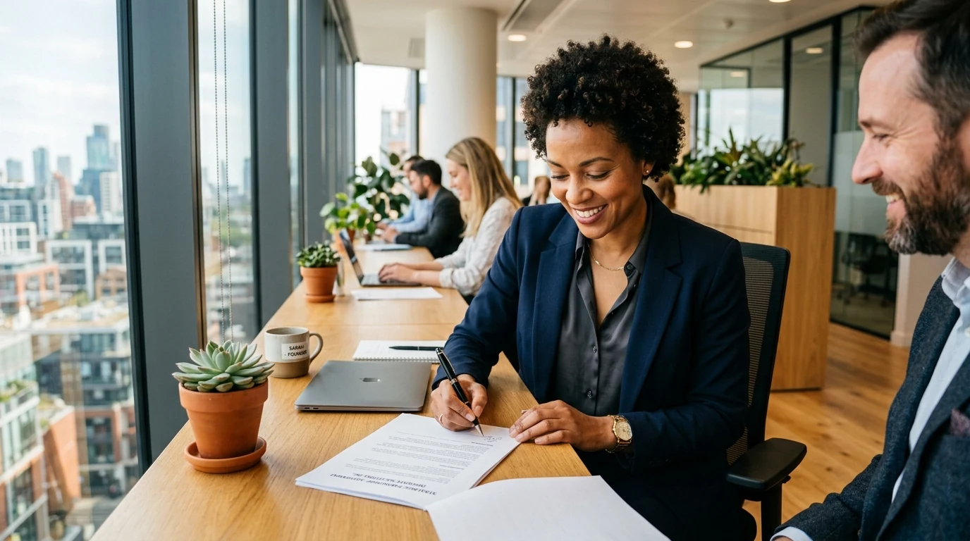Business owner confidently signing a contract at a modern office desk in warm daylight.