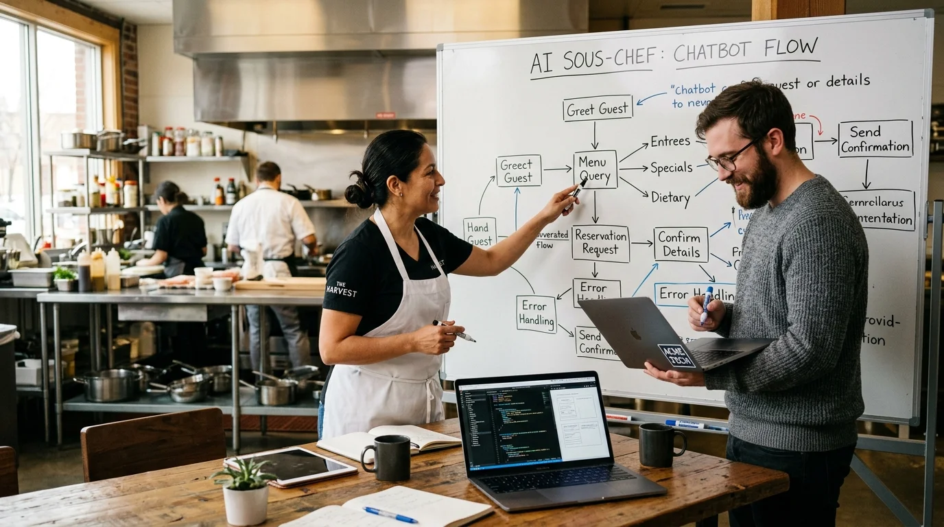 Restaurant chef and a developer collaborating on a chatbot conversation flow on a whiteboard in a kitchen office.
