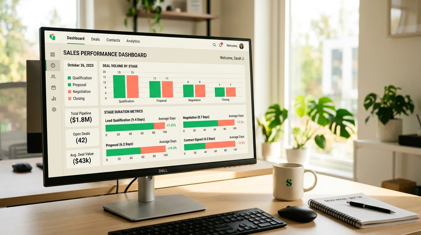 CRM dashboard on a monitor showing stage duration metrics beside a coffee mug and a notepad.