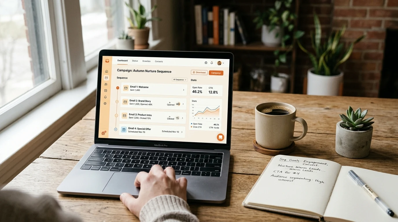 Modern email marketing dashboard on a laptop showing a warm branded email sequence beside a coffee and notepad.