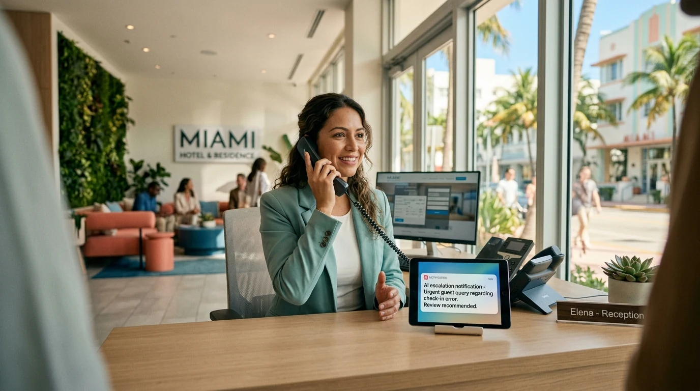 Human receptionist smiling on the phone at a Miami reception desk with a tablet showing an AI escalation notification.
