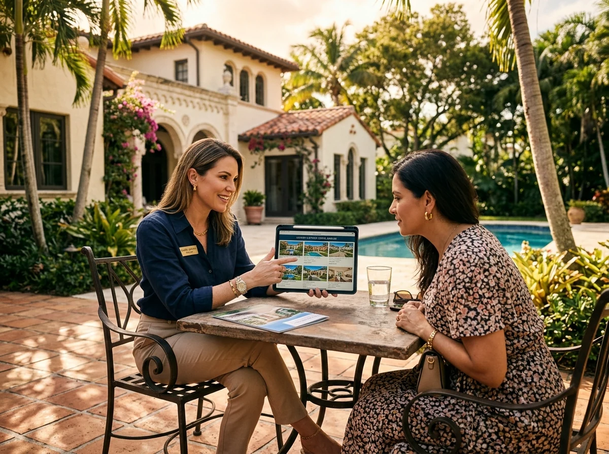 Miami real estate agent showing a client property listings on a large tablet in a Coral Gables home.