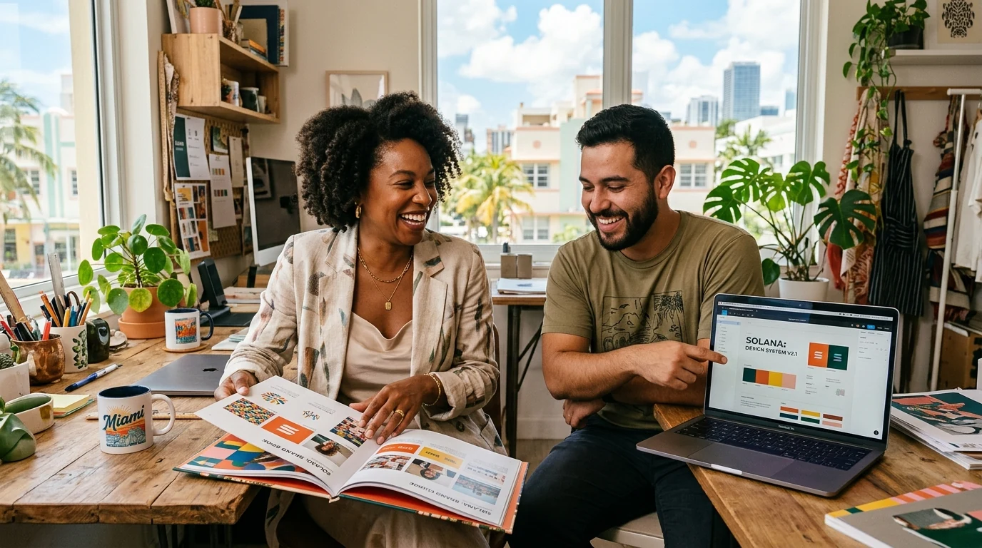 Miami business owner and a designer smiling and comparing a printed brand book against a digital brand system.
