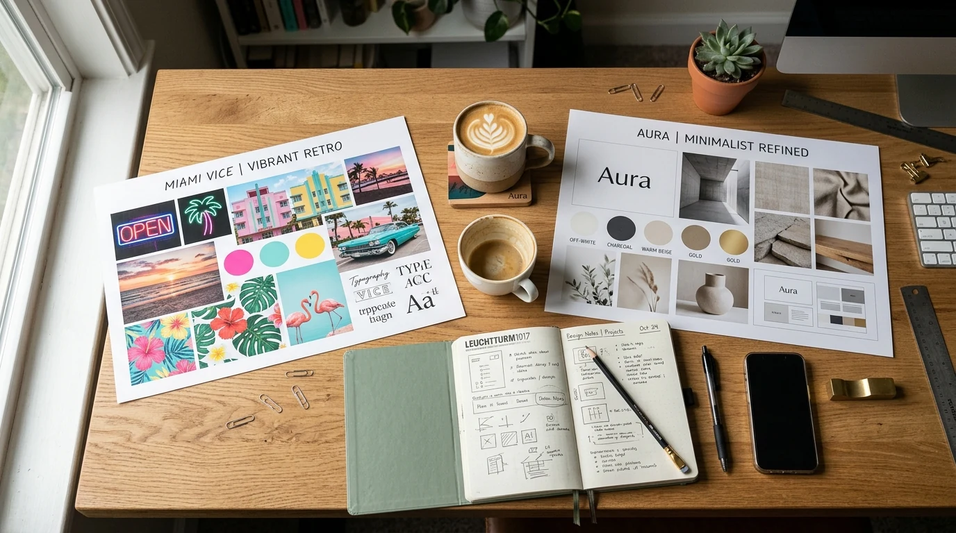 Designer's desk with two contrasting brand mood boards, one full of Miami cliches and one clean and minimalist.