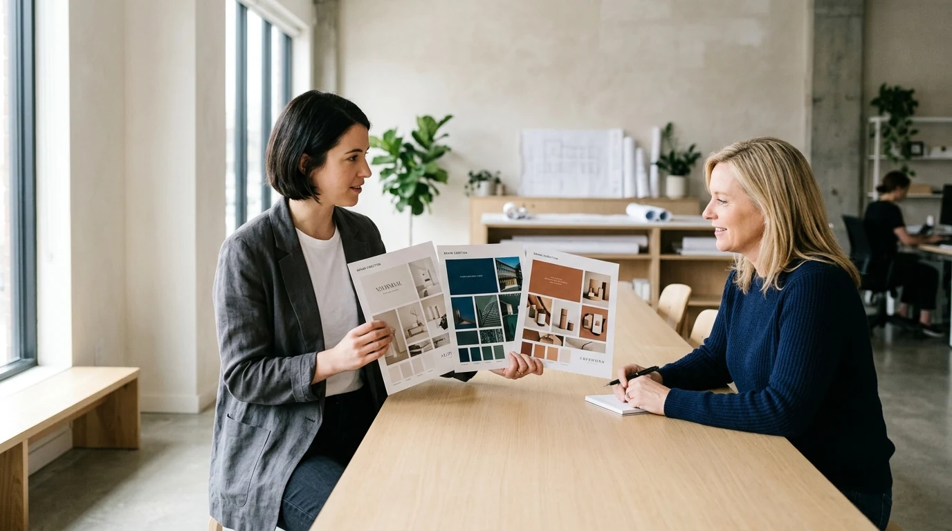Designer holding three printed brand direction boards fanned out for a client review at a studio table.