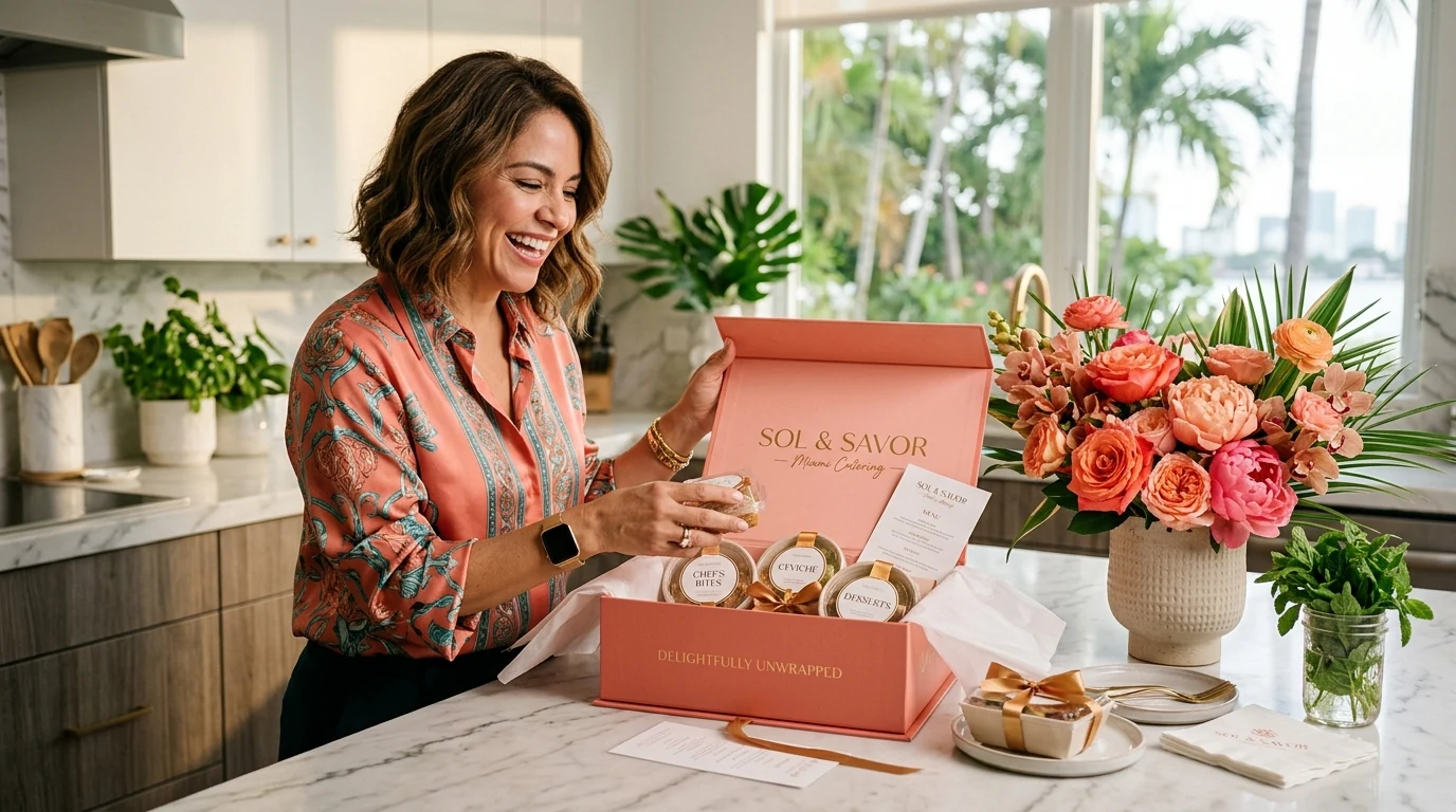 Miami business owner unboxing a beautifully packaged catering delivery on a marble kitchen counter.