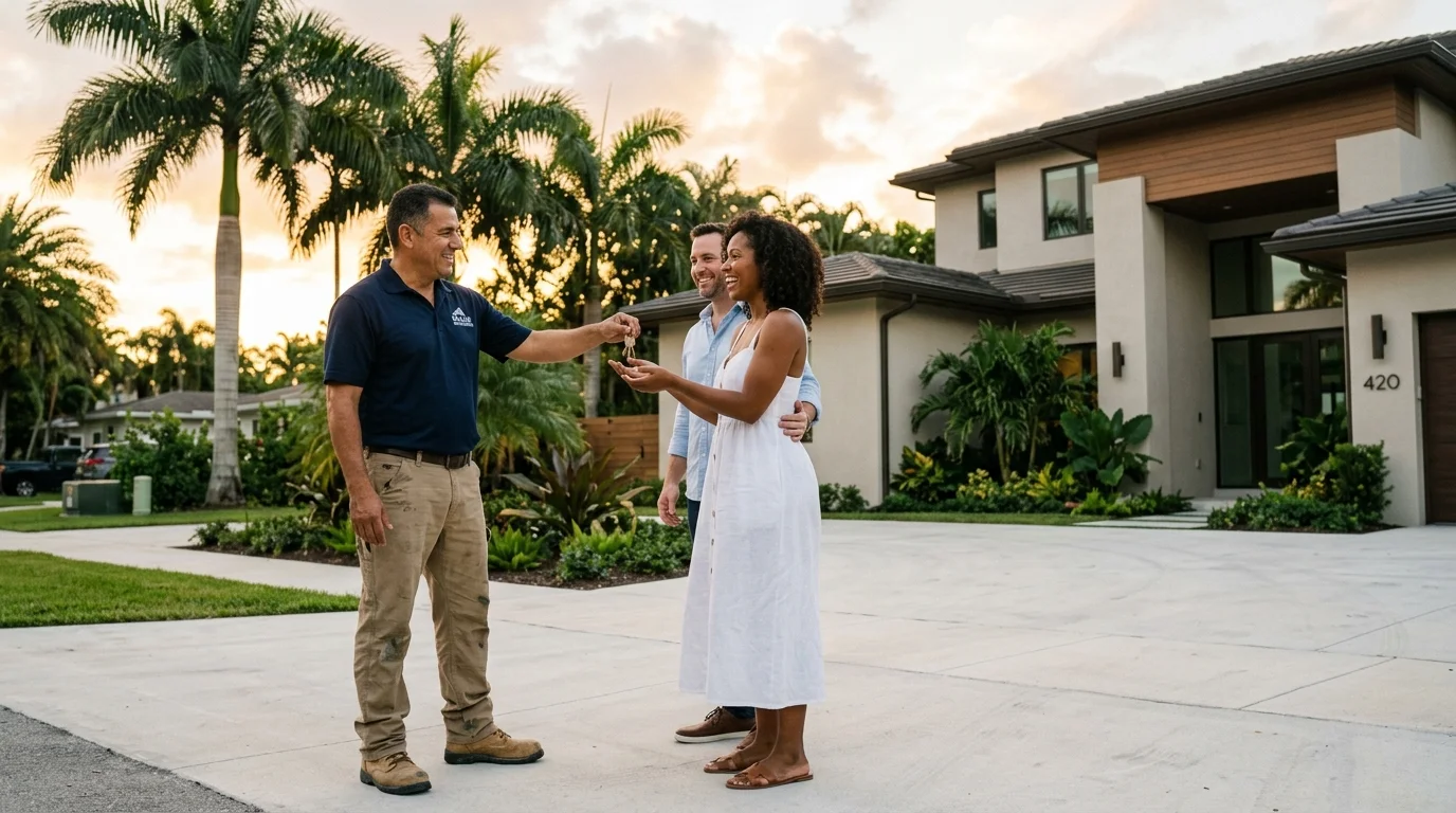 Miami contractor smiling on a completed job site handing keys to a happy homeowner in golden light.