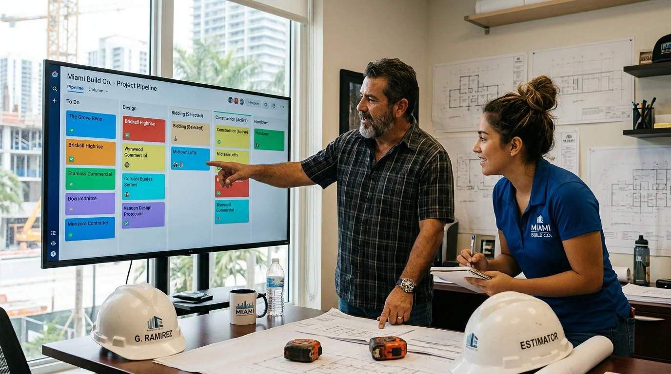 Miami contractor and his estimator review a kanban pipeline on a monitor in a construction office.