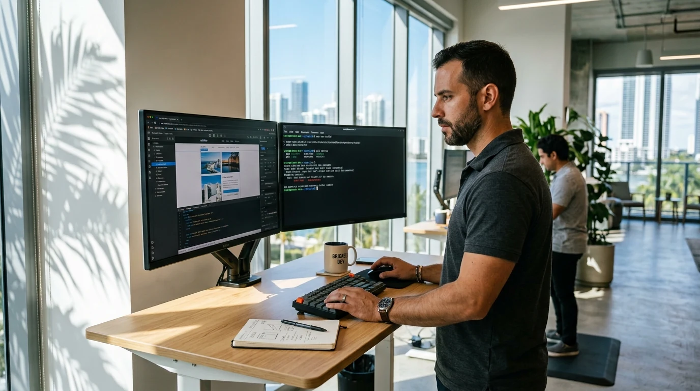 Miami developer at a standing desk with monitors showing a Webflow editor and terminal code.