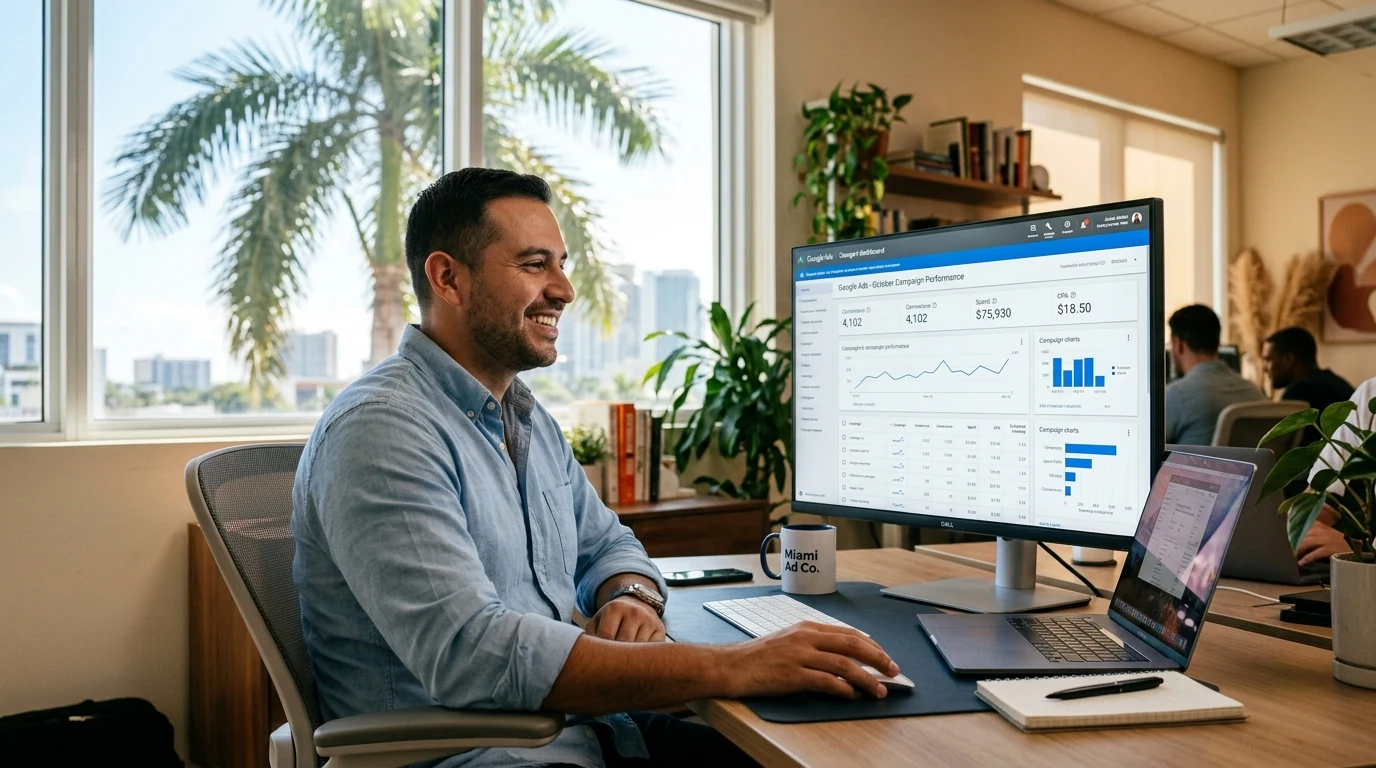 Miami media buyer smiling at a clean well-organized Google Ads dashboard on a large monitor.