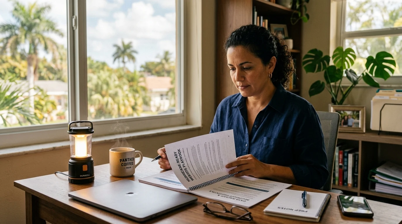 Miami owner reviewing a hurricane-ready website playbook on a printed document with a battery lamp and coffee.