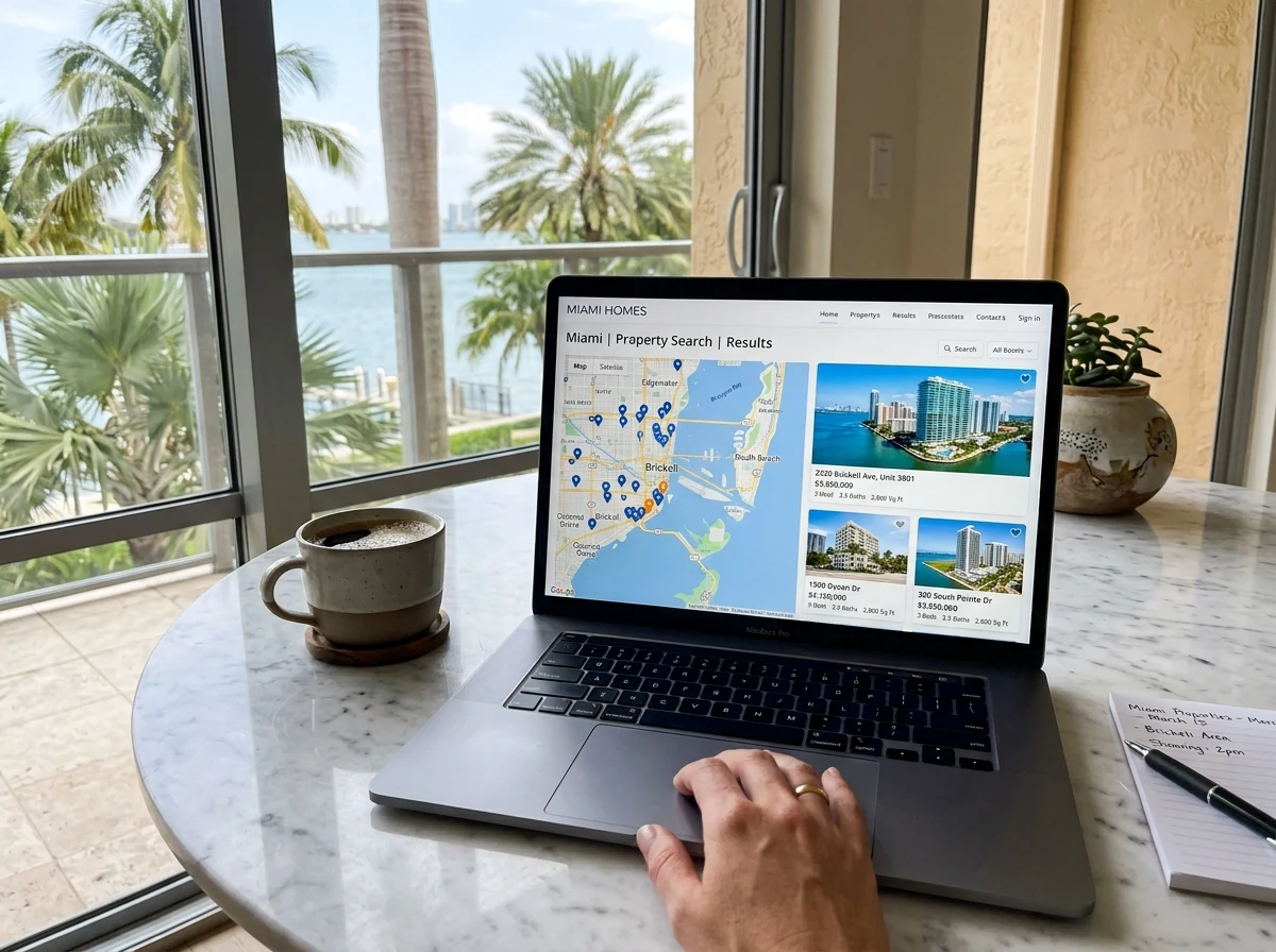 Laptop showing a clean Miami property search results page with map and listings on a marble desk.