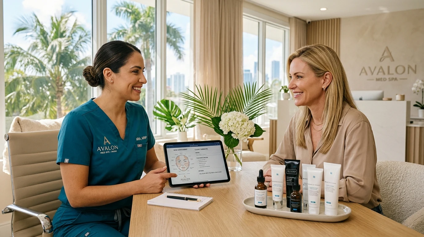 Miami med spa practitioner in scrubs consulting with a client at a bright clinic desk with product samples.