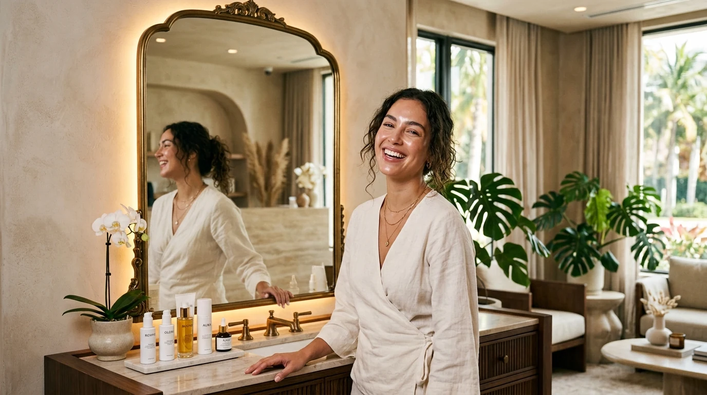 Happy Miami woman smiling in front of a med spa mirror after treatment in warm daylight.