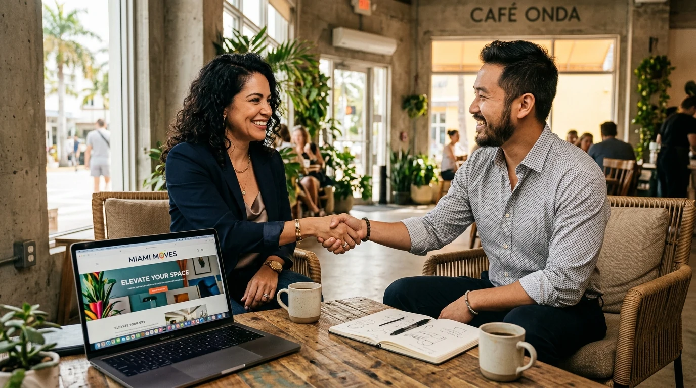 Confident Miami business owner shaking hands with a designer beside a launched website on a laptop.