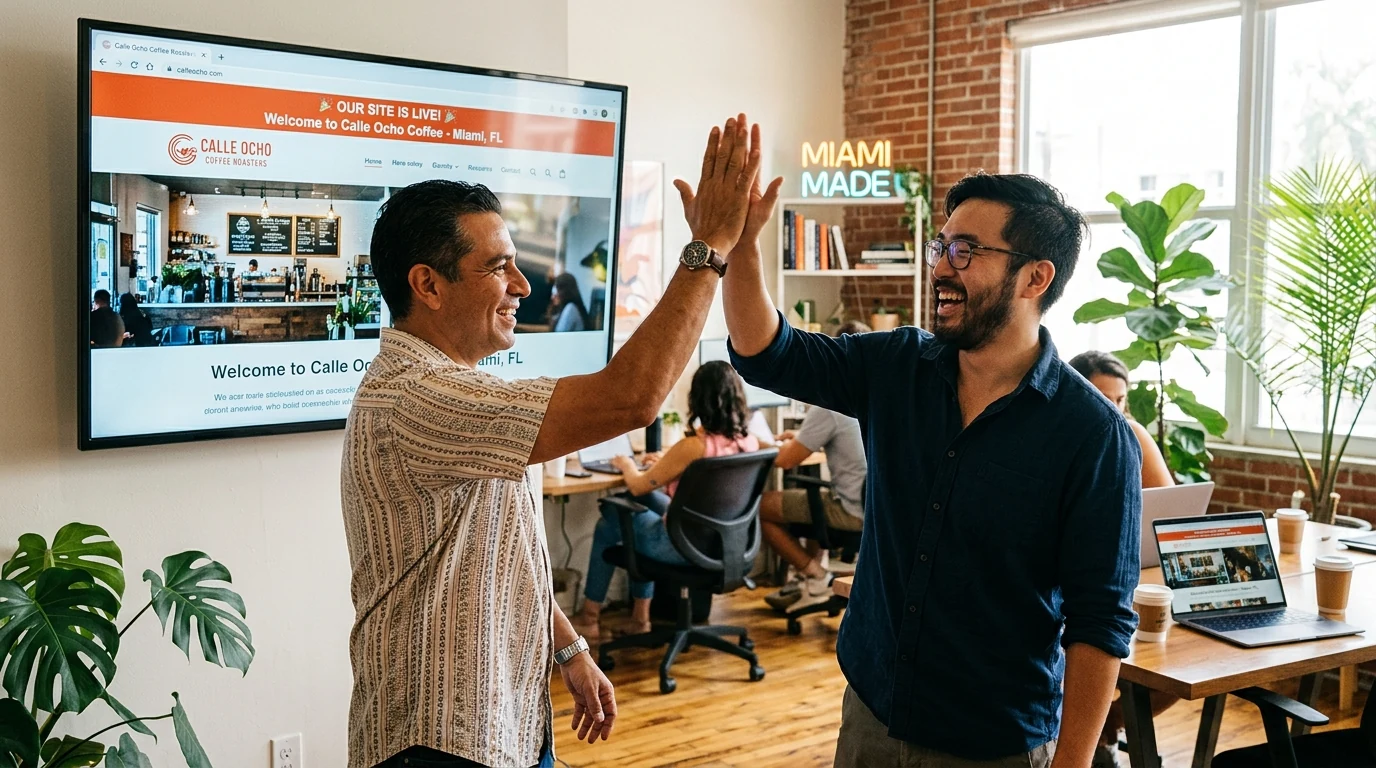Miami small business owner and a developer high-fiving in front of a launched website on a large monitor.