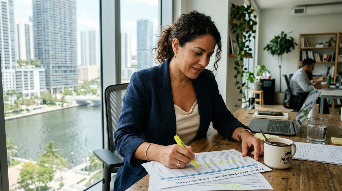 Miami owner reviewing a printed marketing budget with a highlighter marking specific lines beside coffee.