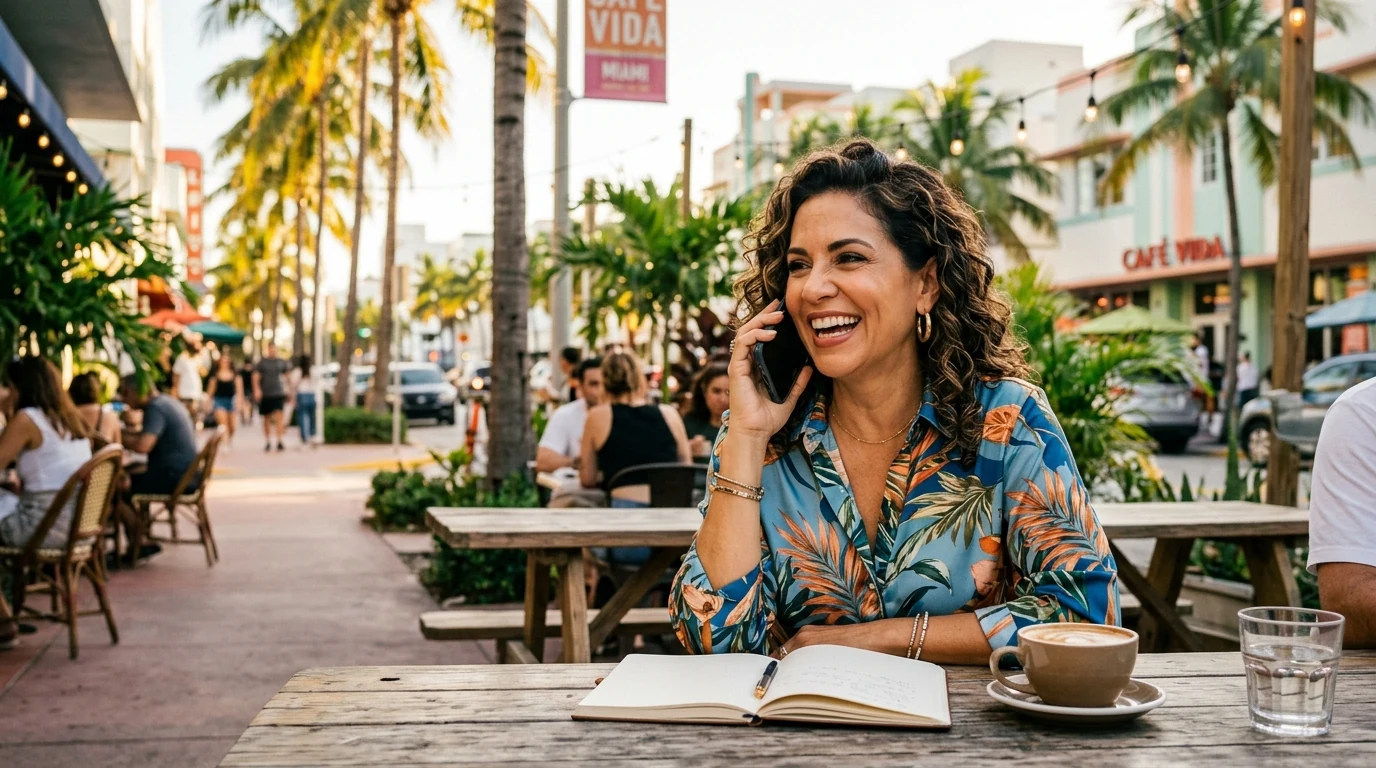 Miami business owner smiling on a phone call at a cafe with palms visible outside.
