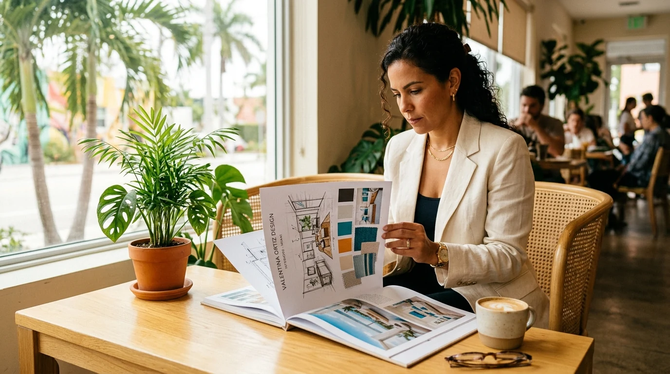 Miami business owner looking through a printed designer portfolio at a bright coffee table.