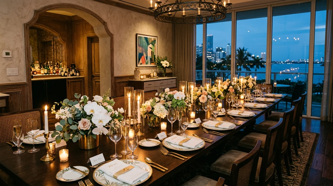 Private dining room at a Miami restaurant set up for an elegant event with candles and floral arrangements.