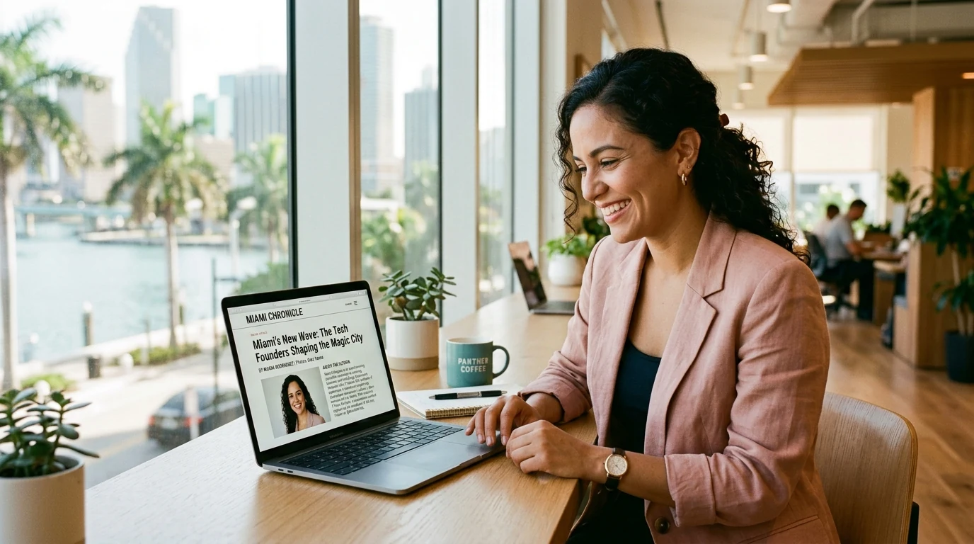 Miami professional smiling at their published article on a laptop showing a byline photo and detailed bio.
