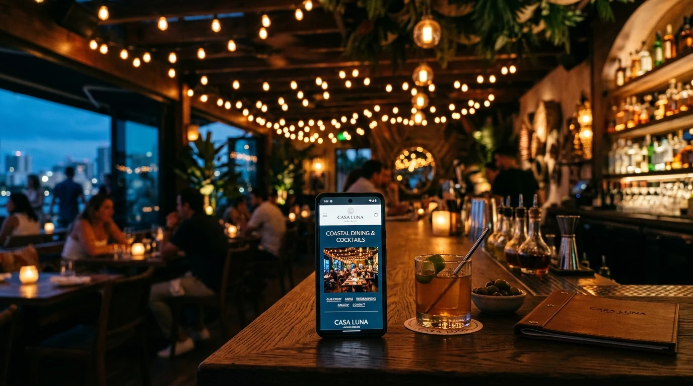 Miami restaurant interior at dusk with a phone on the bar showing the restaurant's home page under warm string lights.