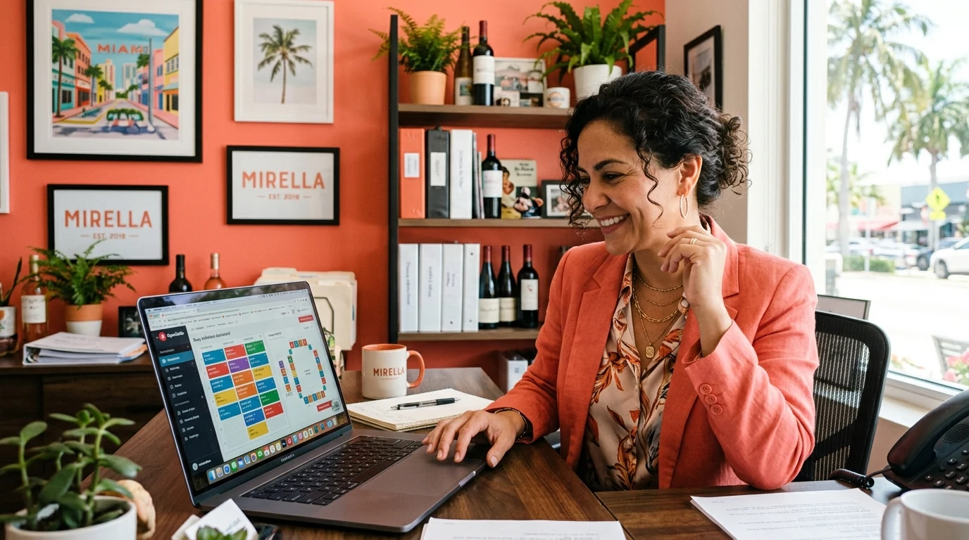 Miami restaurant owner checks a busy reservation dashboard on a laptop in a sunlit back office.