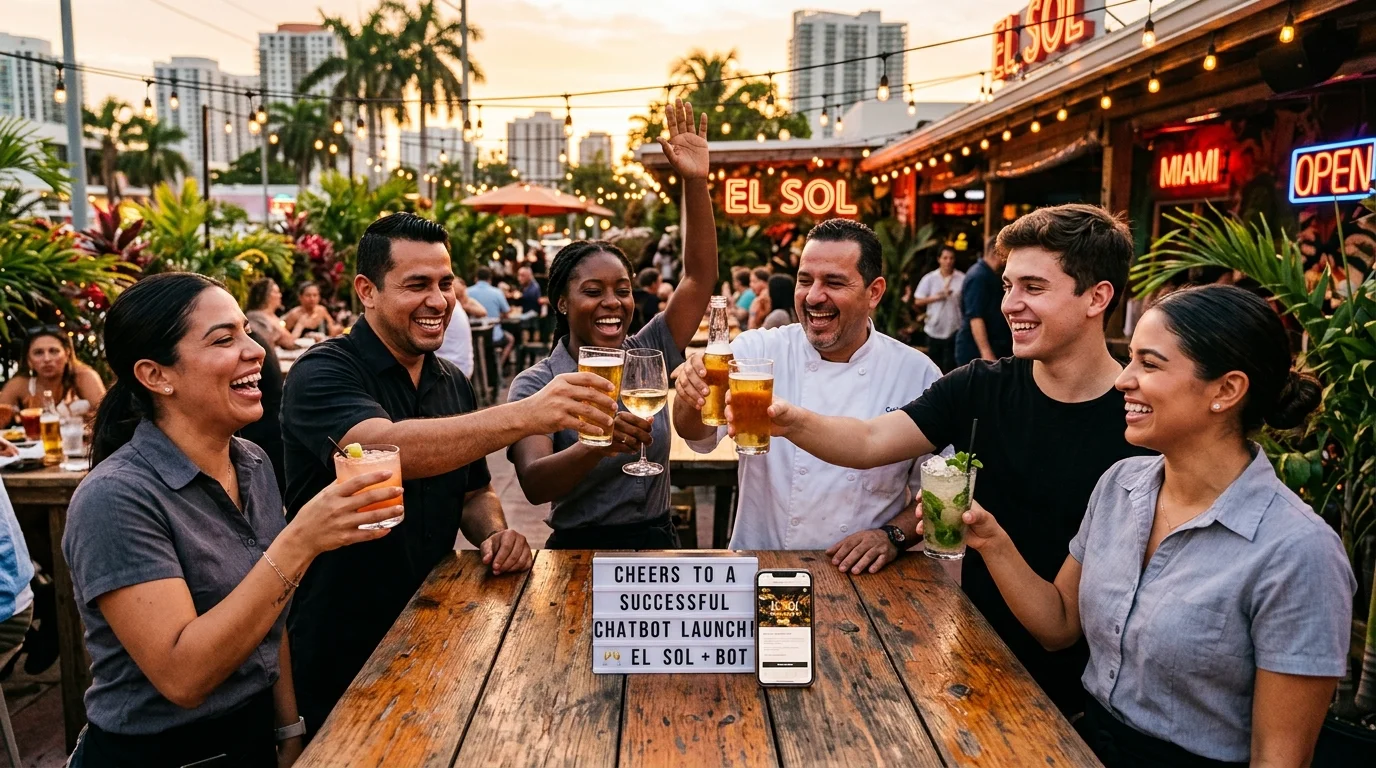 Miami restaurant team clinking glasses to celebrate a successful chatbot launch in warm evening light.
