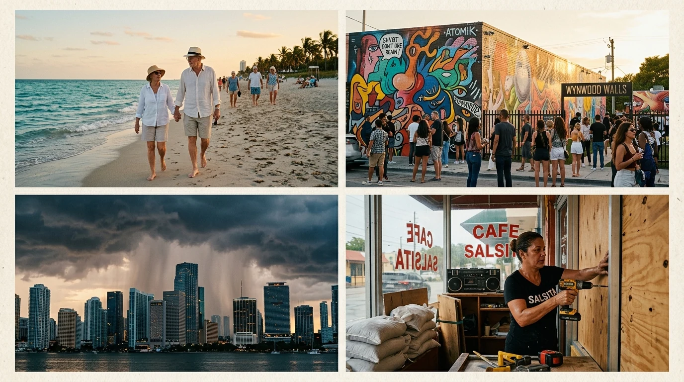 Miami wall calendar covered in seasonal notes and tourist arrivals beside coffee, pens, and a marketing dashboard.
